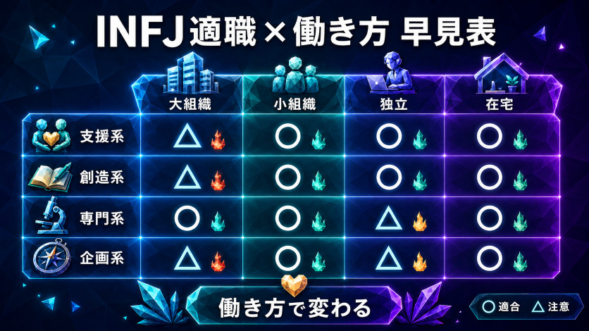 INFJ適職×働き方の早見表｜仕事と職場環境の組み合わせで燃え尽きを防ぐ