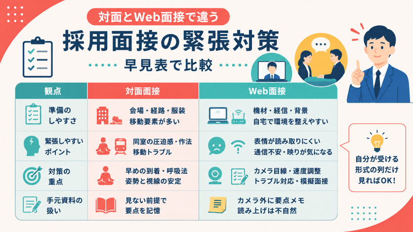 対面とWeb面接で違う採用面接の緊張対策|早見表で比較