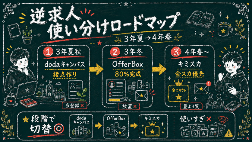 就活フェーズ別・逆求人サービスの使い分けロードマップ(3年夏〜4年春)