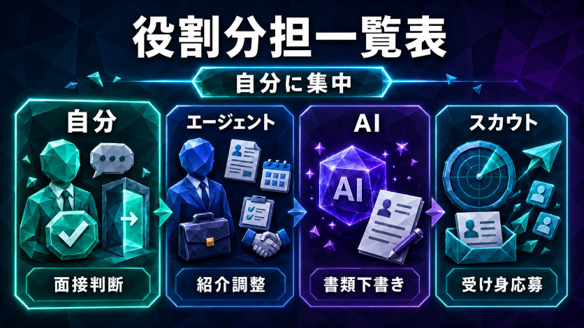 楽な転職活動を設計する「役割分担一覧表」｜自分／エージェント／AI／スカウトの4列
