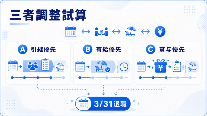 三者調整シミュレーション3月転職の退職交渉・引き継ぎ・有給消化をパターン別に試算
