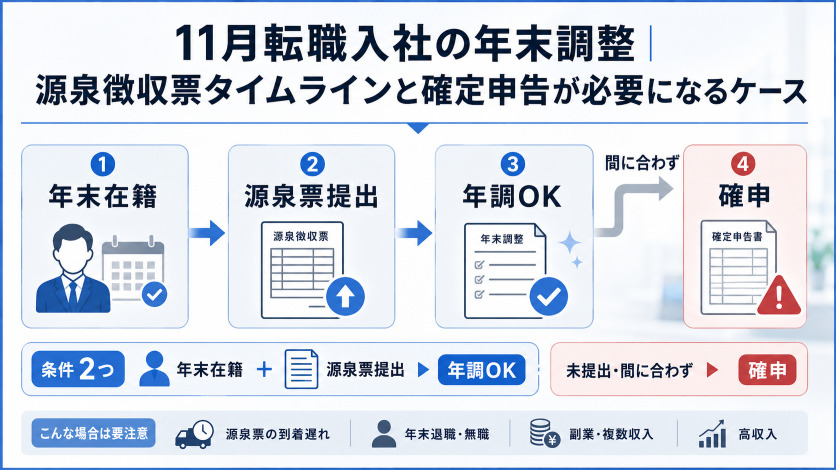 11月転職入社の年末調整|源泉徴収票タイムラインと確定申告が必要になるケース