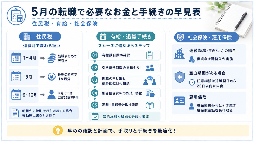 5月の転職で必要なお金と手続きの早見表｜住民税・有給・社会保険