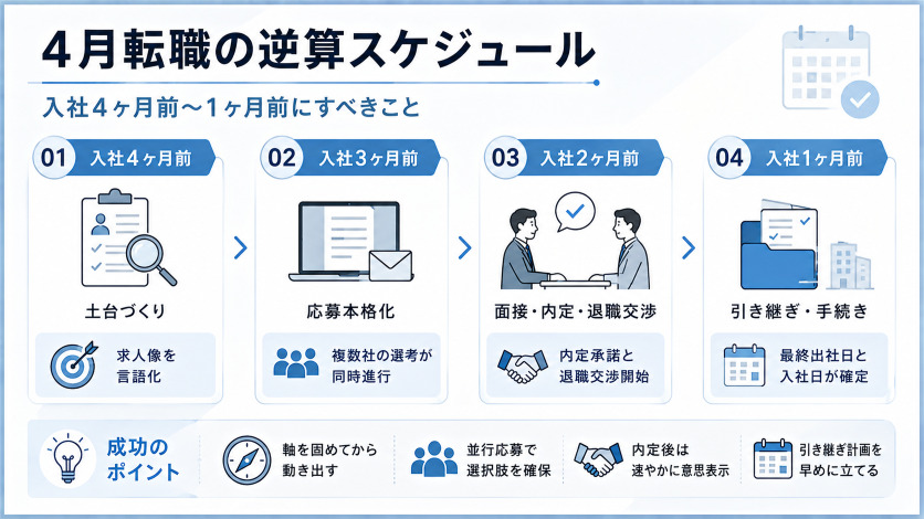 4月転職の逆算スケジュール|入社4ヶ月前〜1ヶ月前にすべきこと