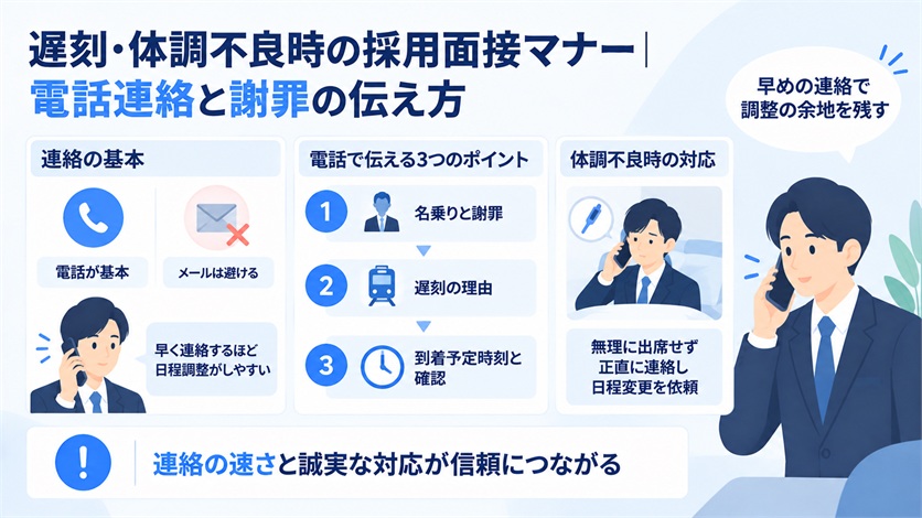 12-遅刻・体調不良時の採用面接マナー|電話連絡と謝罪の伝え方