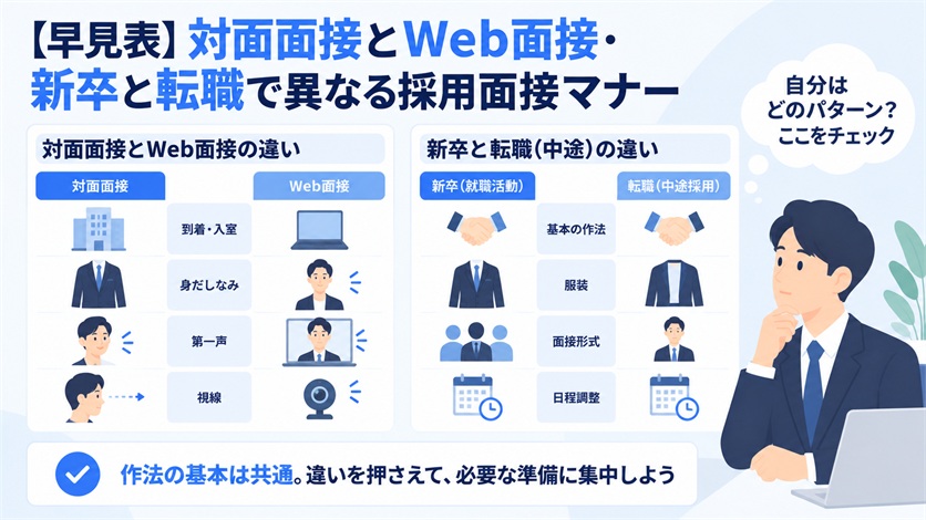 04-【早見表】対面面接とWeb面接・新卒と転職で異なる採用面接マナー