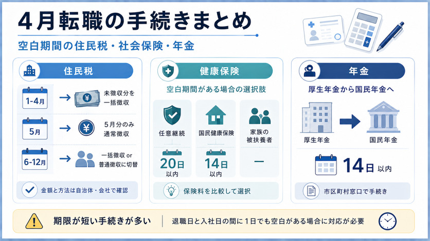 4月転職で空白期間が生じた場合の住民税・社会保険・年金の手続き