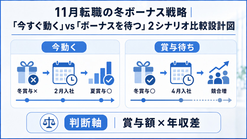 11月転職の冬ボーナス戦略|「今すぐ動く」vs「ボーナスを待つ」2シナリオ比較設計図