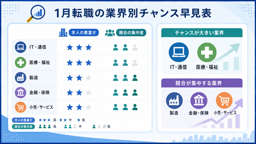 業界別・1月転職の求人チャンスと競合難易度早見表