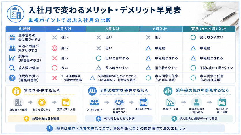 重視ポイントで選ぶ5月の転職・入社月一覧表｜4月・6月・夏季との比較