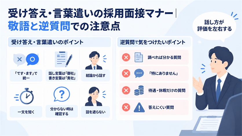 08-受け答え・言葉遣いの採用面接マナー|敬語と逆質問での注意点