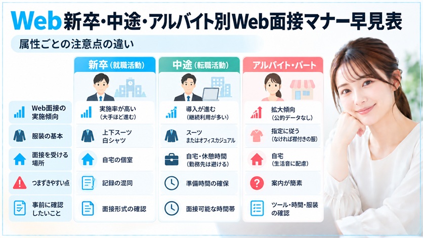10-新卒・中途・アルバイト別Web面接マナー早見表|属性ごとの注意点の違い