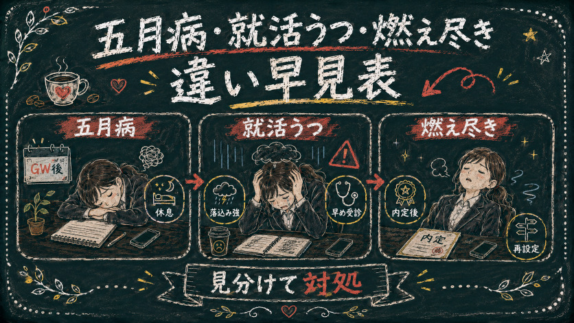 就活生の五月病・就活うつ・燃え尽き症候群の違いを早見表で整理