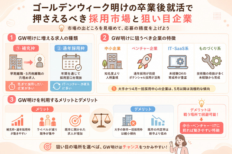 ゴールデンウィーク明けの卒業後就活で押さえるべき採用市場と狙い目企業