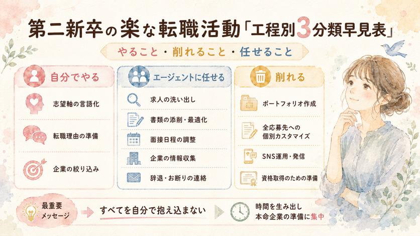 第二新卒の楽な転職活動「工程別3分類早見表」—やること・削れること・任せること