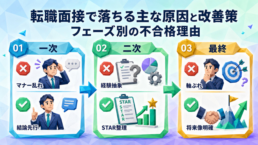転職面接で落ちる主な原因と改善策｜フェーズ別の不合格理由