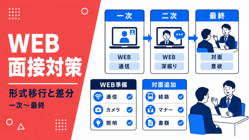 就活のWEB面接対策｜一次〜最終面接の形式移行早見表とWEB・対面の差分チェックリスト