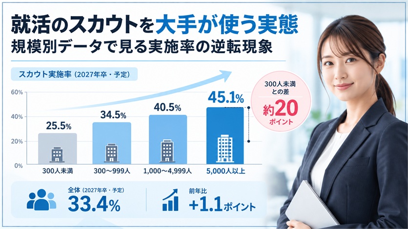 02-就活のスカウトを大手が使う実態|規模別データで見る実施率の逆転現象