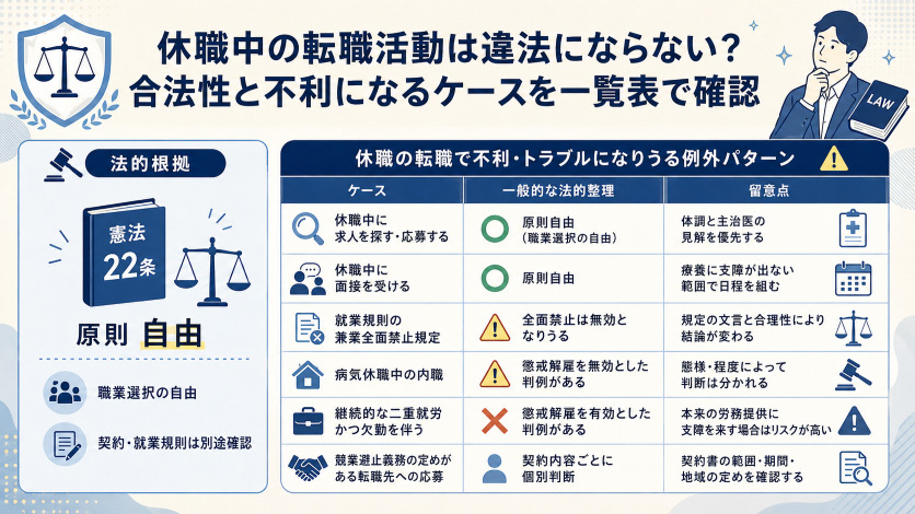 休職中の転職活動は違法にならない？合法性と不利になるケースを一覧表で確認